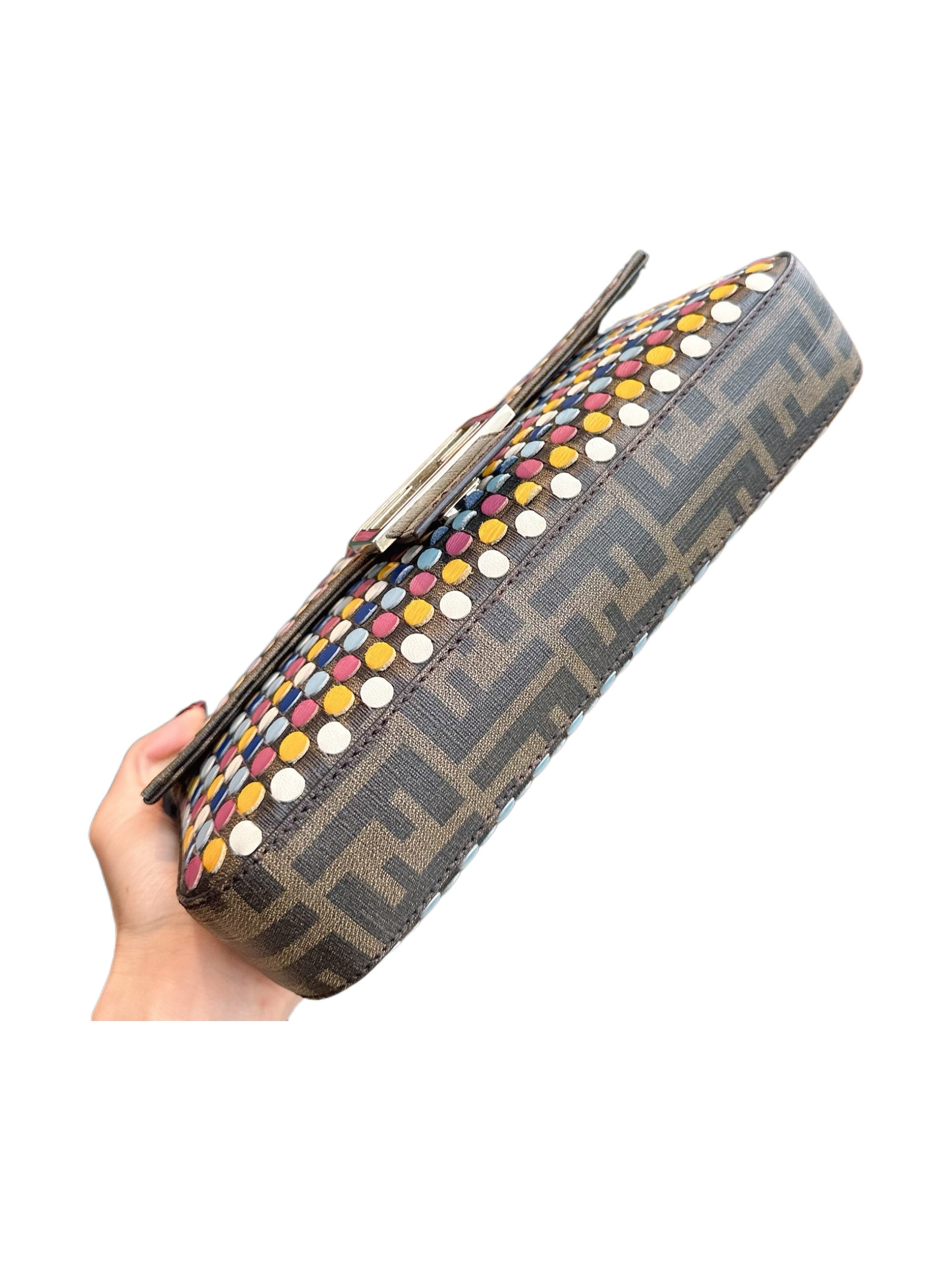 Fendi Multicolor Studded Baguette Bag – Zucca Monogram Leather & Rainbow Dot Embellished Archive Piece