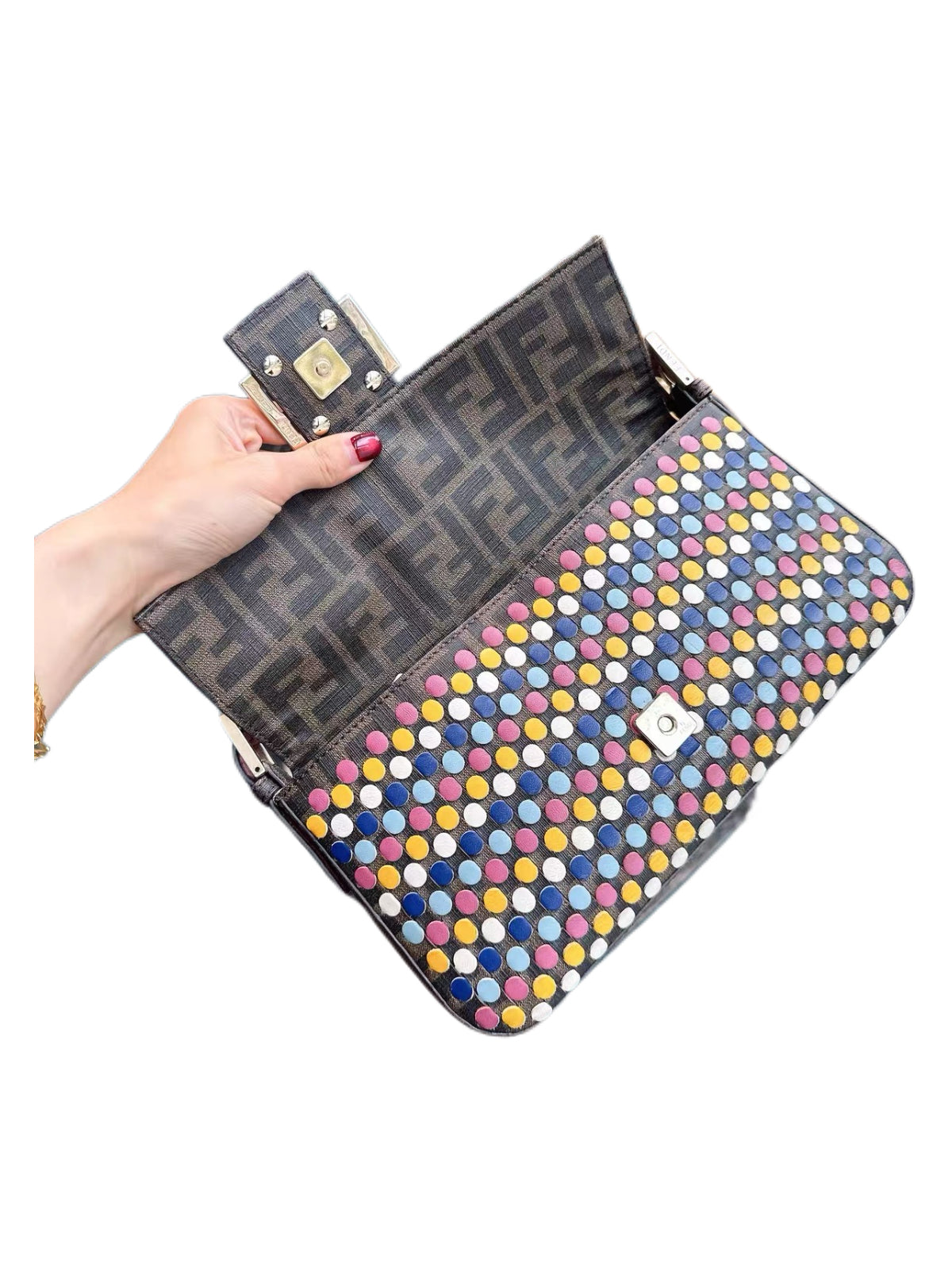 Fendi Multicolor Studded Baguette Bag – Zucca Monogram Leather & Rainbow Dot Embellished Archive Piece