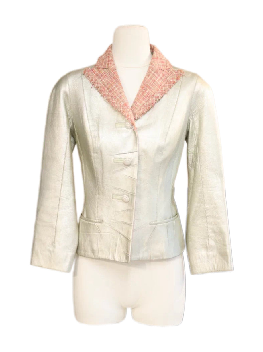 Louis Vuitton Silver Lambskin Leather Blazer with Frayed Tweed Collar