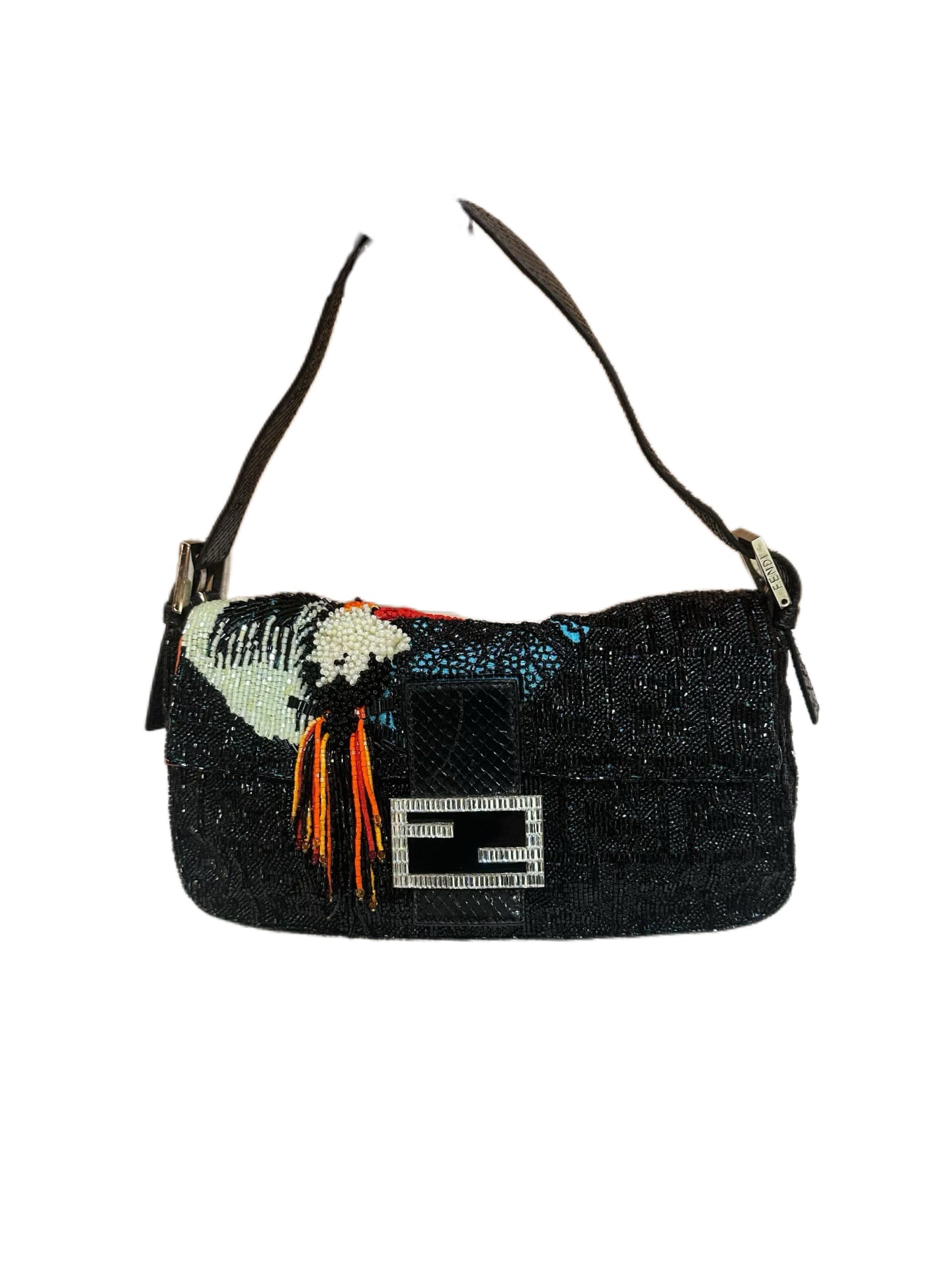 Fendi Black Beaded Sequin Baguette Bag – FF Logo Embossed with Bird Motif & Orange Satin Lining Ultra Rare Limited Edition