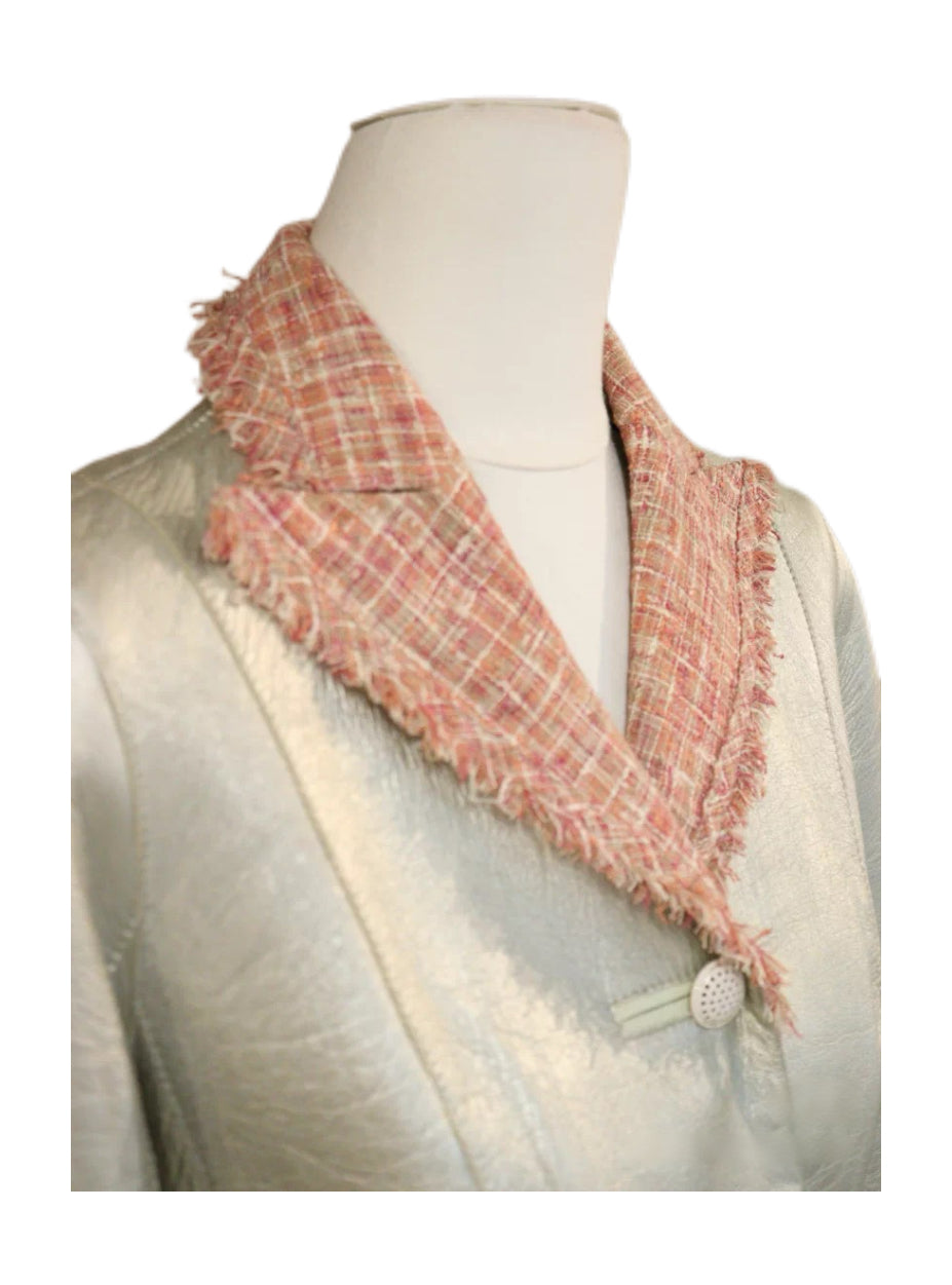 Louis Vuitton Silver Lambskin Leather Blazer with Frayed Tweed Collar