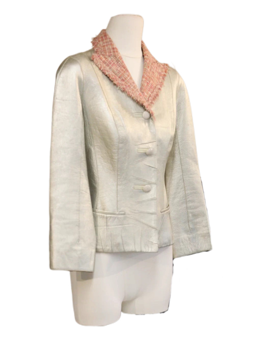 Louis Vuitton Silver Lambskin Leather Blazer with Frayed Tweed Collar