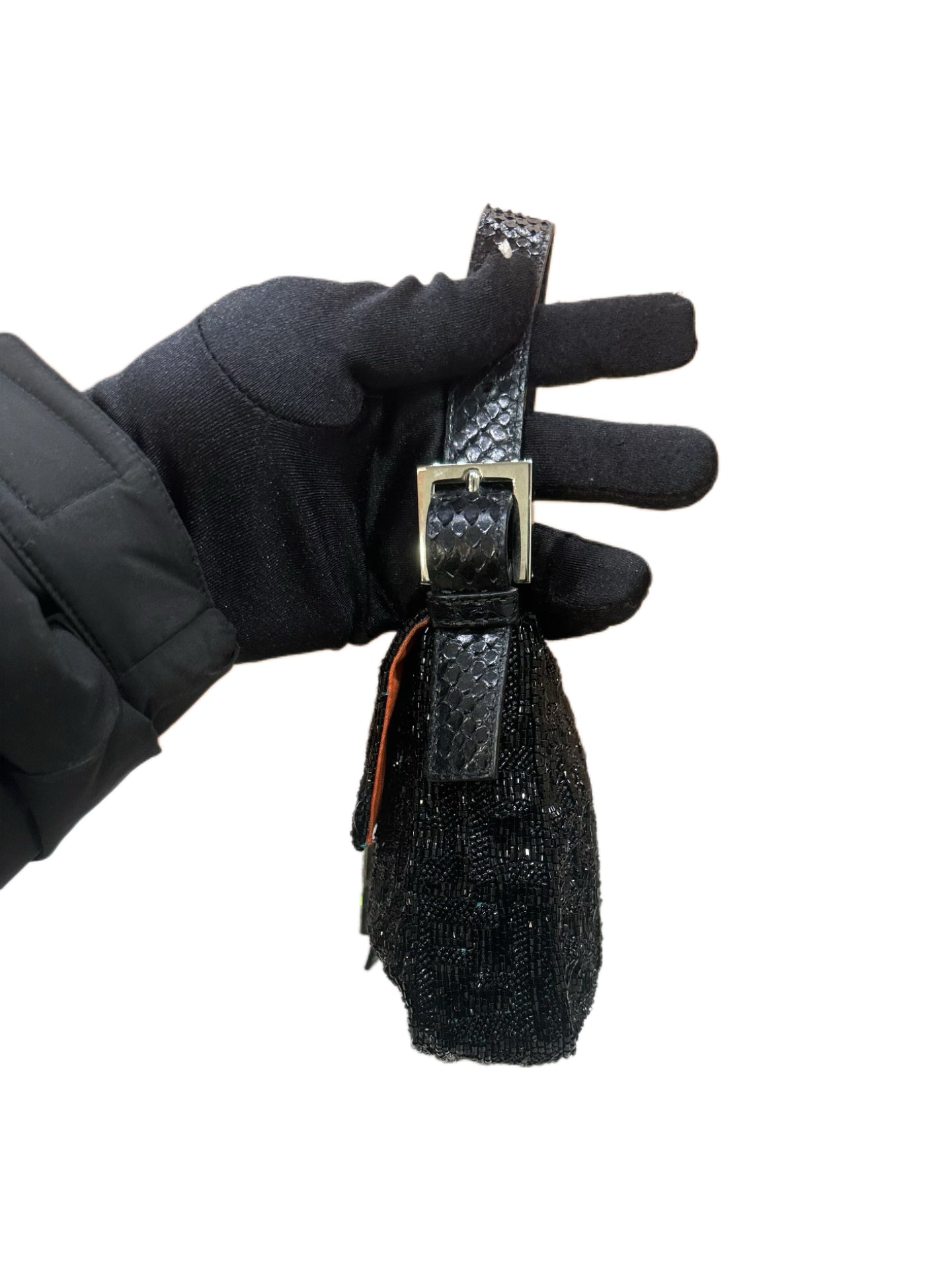 Fendi Black Beaded Sequin Baguette Bag – FF Logo Embossed with Bird Motif & Orange Satin Lining Ultra Rare Limited Edition