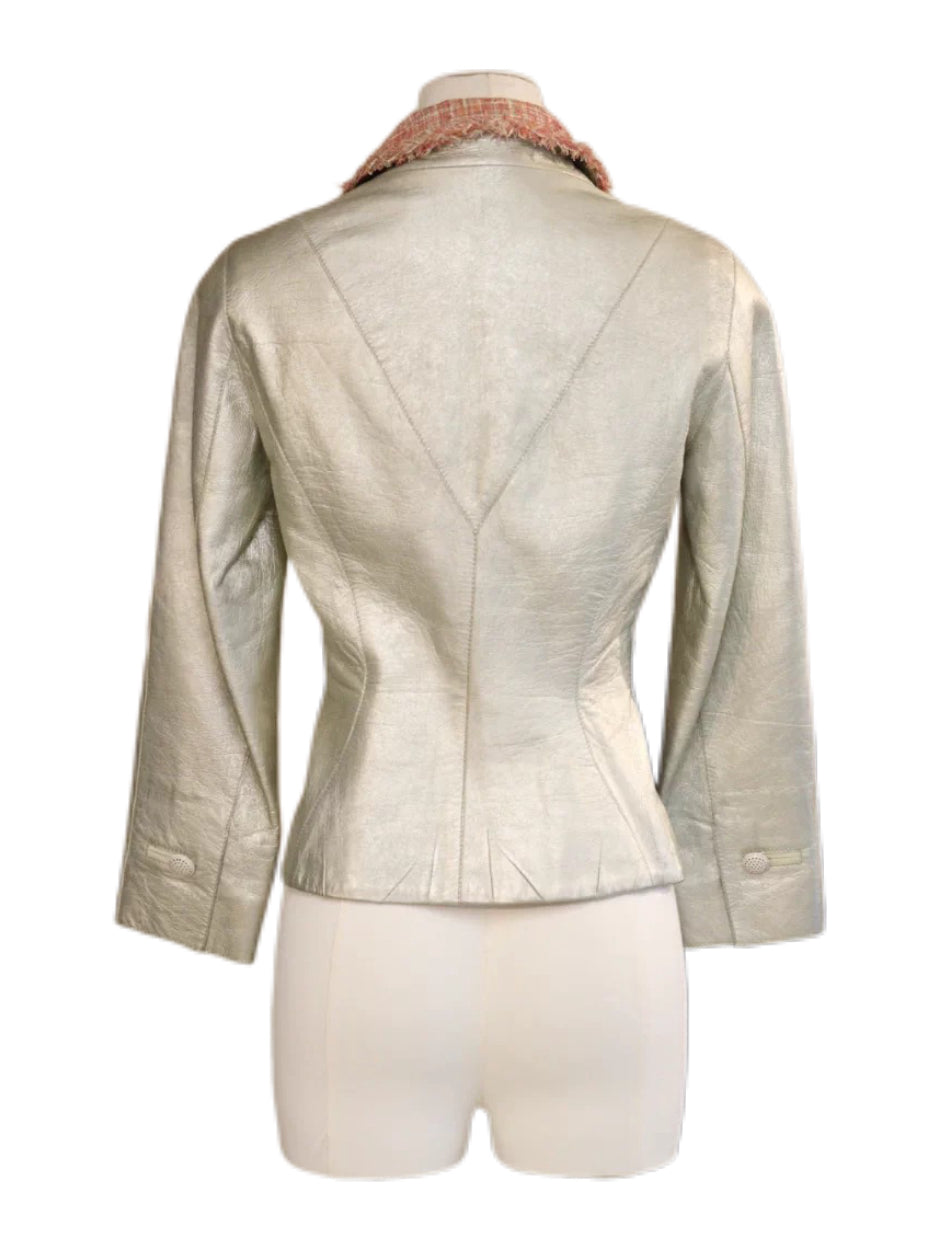 Louis Vuitton Silver Lambskin Leather Blazer with Frayed Tweed Collar