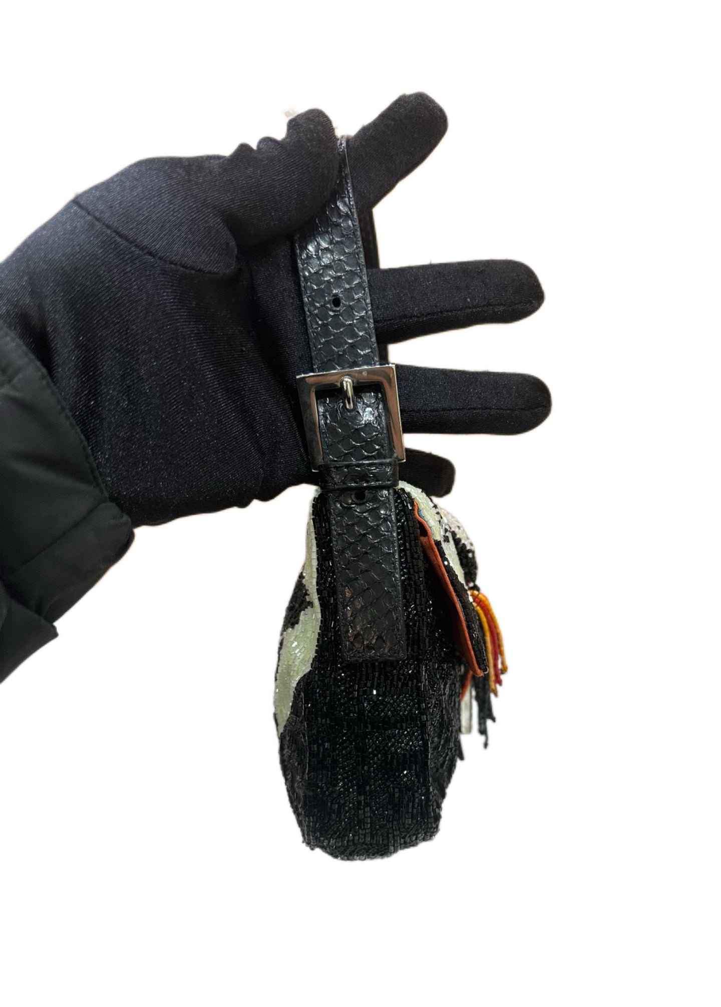 Fendi Black Beaded Sequin Baguette Bag – FF Logo Embossed with Bird Motif & Orange Satin Lining Ultra Rare Limited Edition