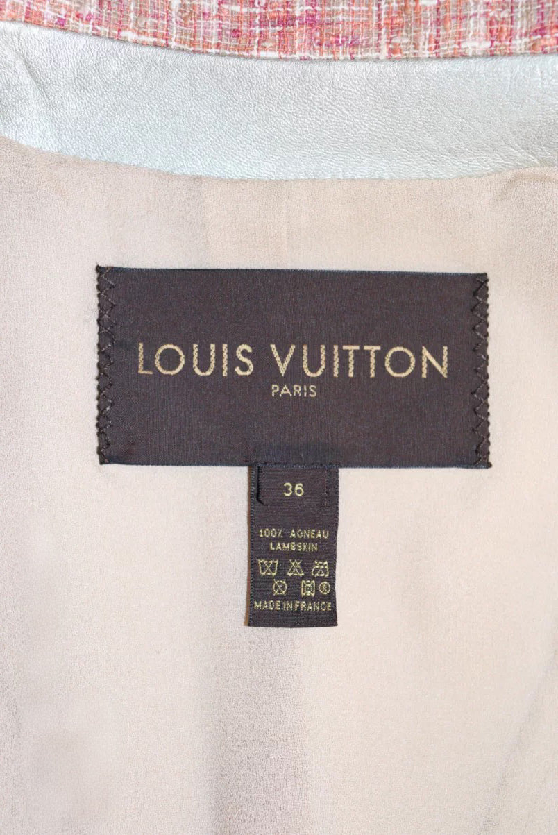 Louis Vuitton Silver Lambskin Leather Blazer with Frayed Tweed Collar