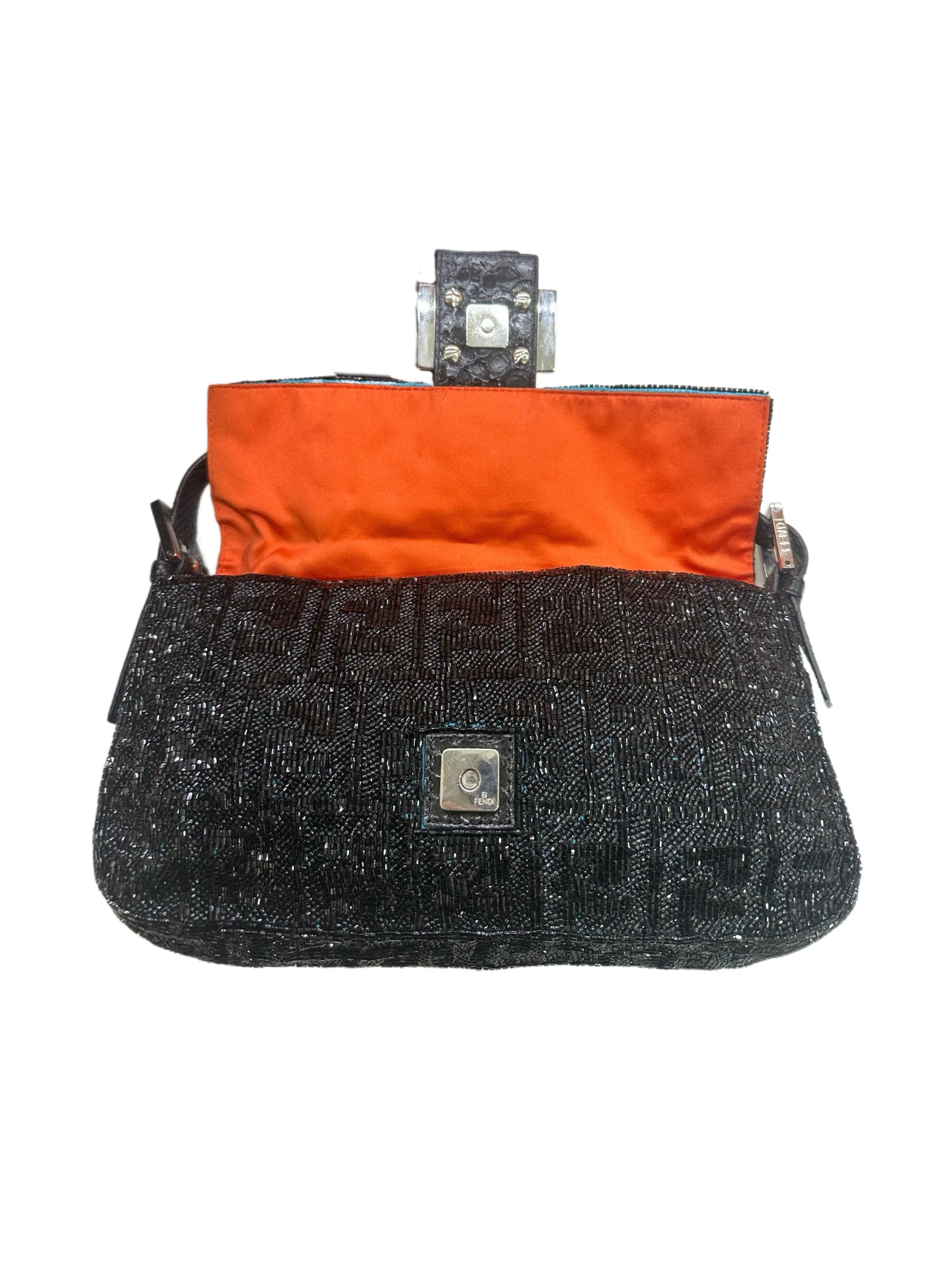 Fendi Black Beaded Sequin Baguette Bag – FF Logo Embossed with Bird Motif & Orange Satin Lining Ultra Rare Limited Edition