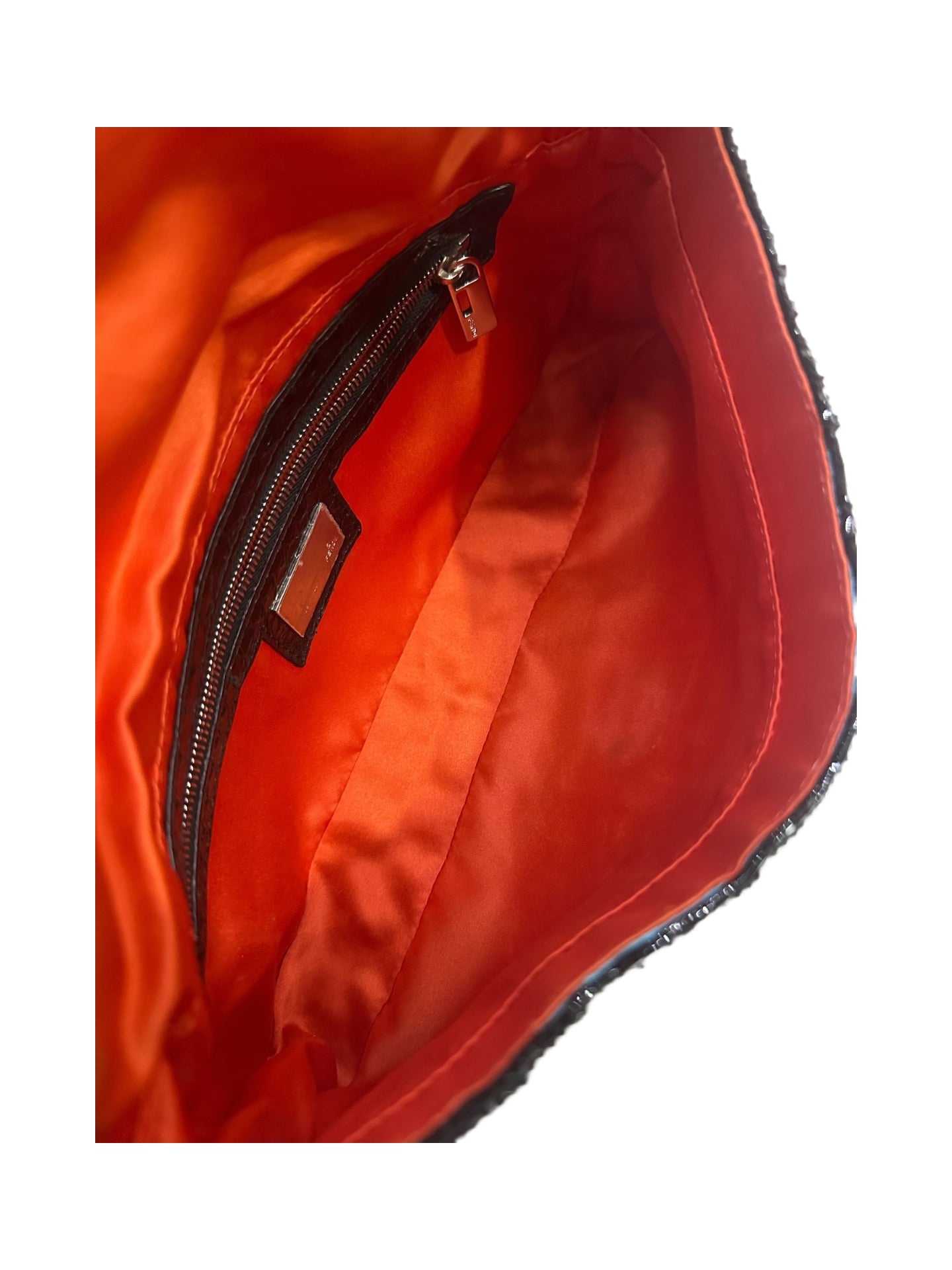 Fendi Black Beaded Sequin Baguette Bag – FF Logo Embossed with Bird Motif & Orange Satin Lining Ultra Rare Limited Edition