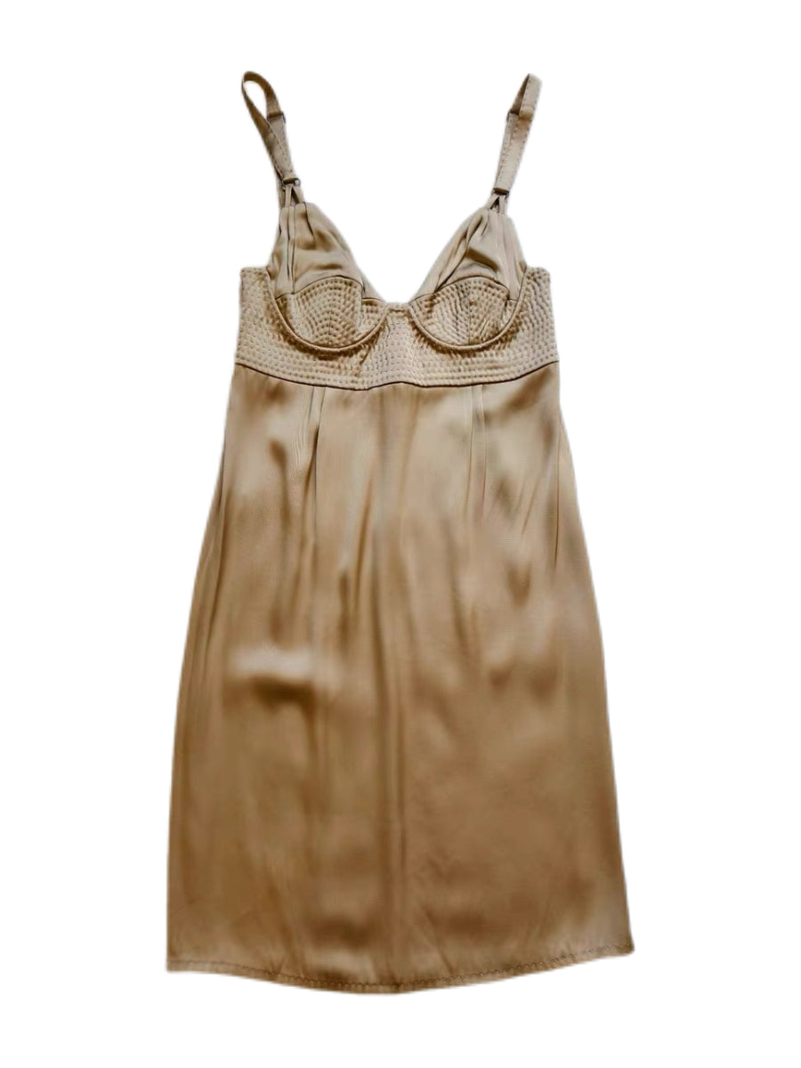 Bottega Veneta Champagne Silk Satin Hand-Quilted Bustier Dress