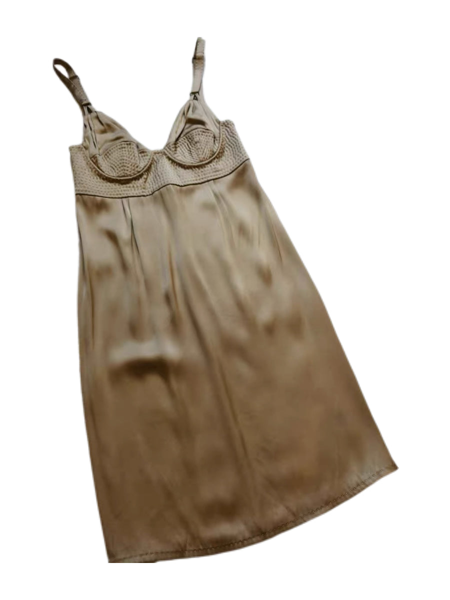 Bottega Veneta Champagne Silk Satin Hand-Quilted Bustier Dress