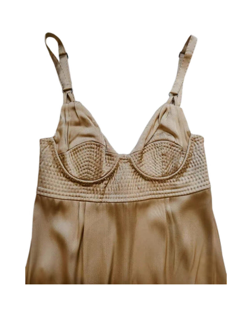 Bottega Veneta Champagne Silk Satin Hand-Quilted Bustier Dress