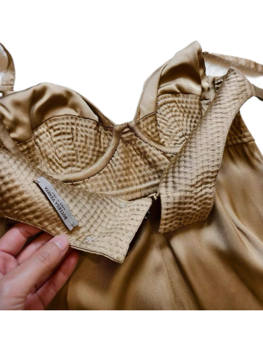 Bottega Veneta Champagne Silk Satin Hand-Quilted Bustier Dress