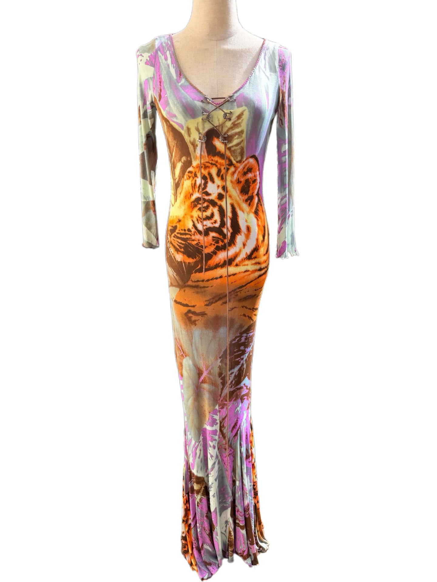 Roberto Cavalli Archive Tiger Jungle Print Stretch Maxi Dress