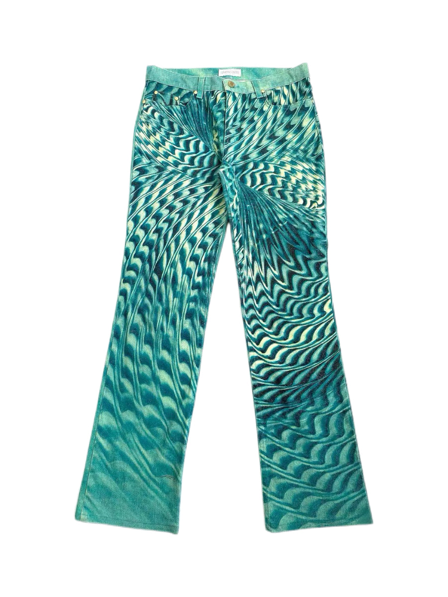 Roberto Cavalli 2001 Runway Pants – Psychedelic Houndstooth Print Glitter Low Rise Jeans Rare Archive Piece Made in Italy