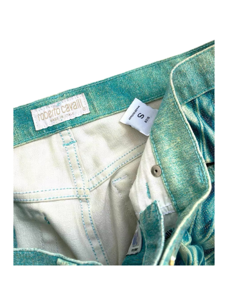 Roberto Cavalli 2001 Runway Pants – Psychedelic Houndstooth Print Glitter Low Rise Jeans Rare Archive Piece Made in Italy