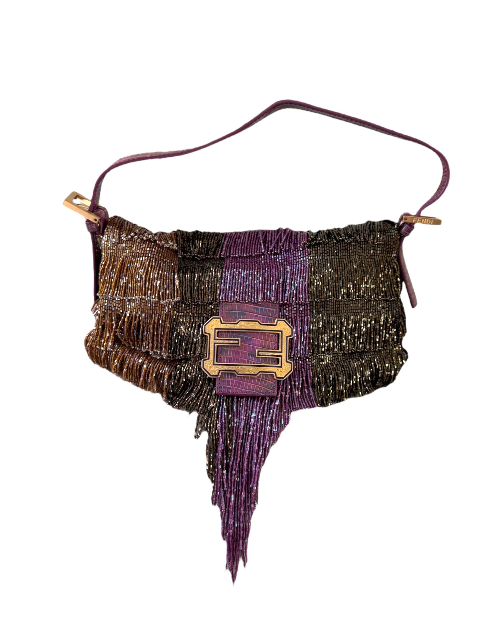 Fendi Limited Edition Beaded Fringe Baguette Bag – Multicolor Metallic Tassel Runway Statement Piece