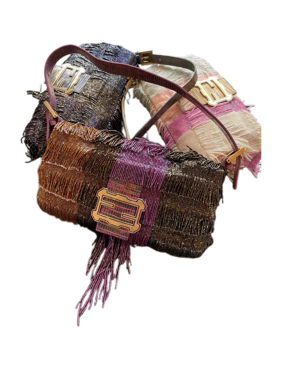Fendi Limited Edition Beaded Fringe Baguette Bag – Multicolor Metallic Tassel Runway Statement Piece