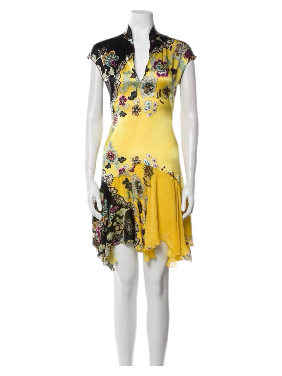 Roberto Cavalli 2003 Runway Silk Dress – Oriental Floral Print Asymmetric Mini Dress Rare Archive Museum Piece Made in Italy