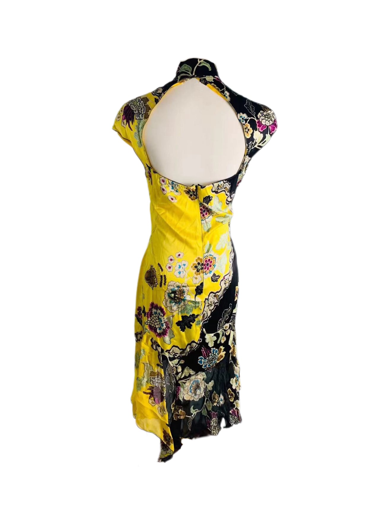 Roberto Cavalli 2003 Runway Silk Dress – Oriental Floral Print Asymmetric Mini Dress Rare Archive Museum Piece Made in Italy