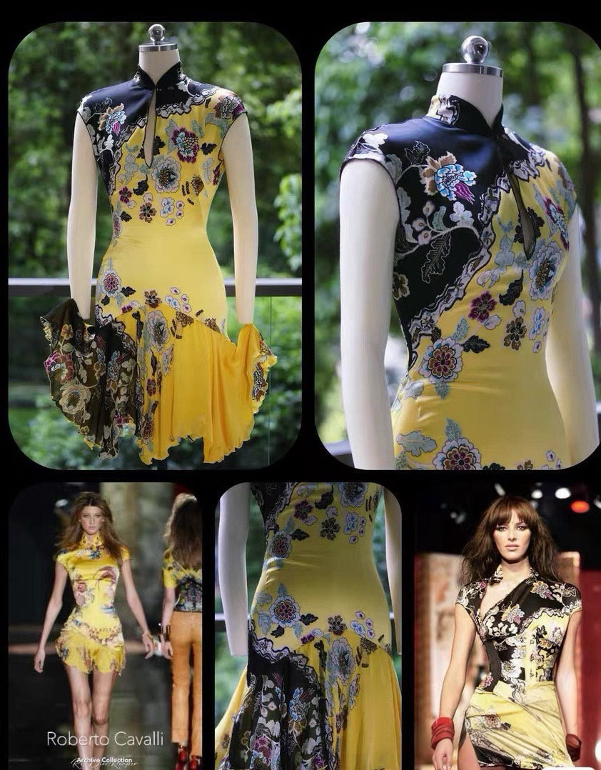 Roberto Cavalli 2003 Runway Silk Dress – Oriental Floral Print Asymmetric Mini Dress Rare Archive Museum Piece Made in Italy