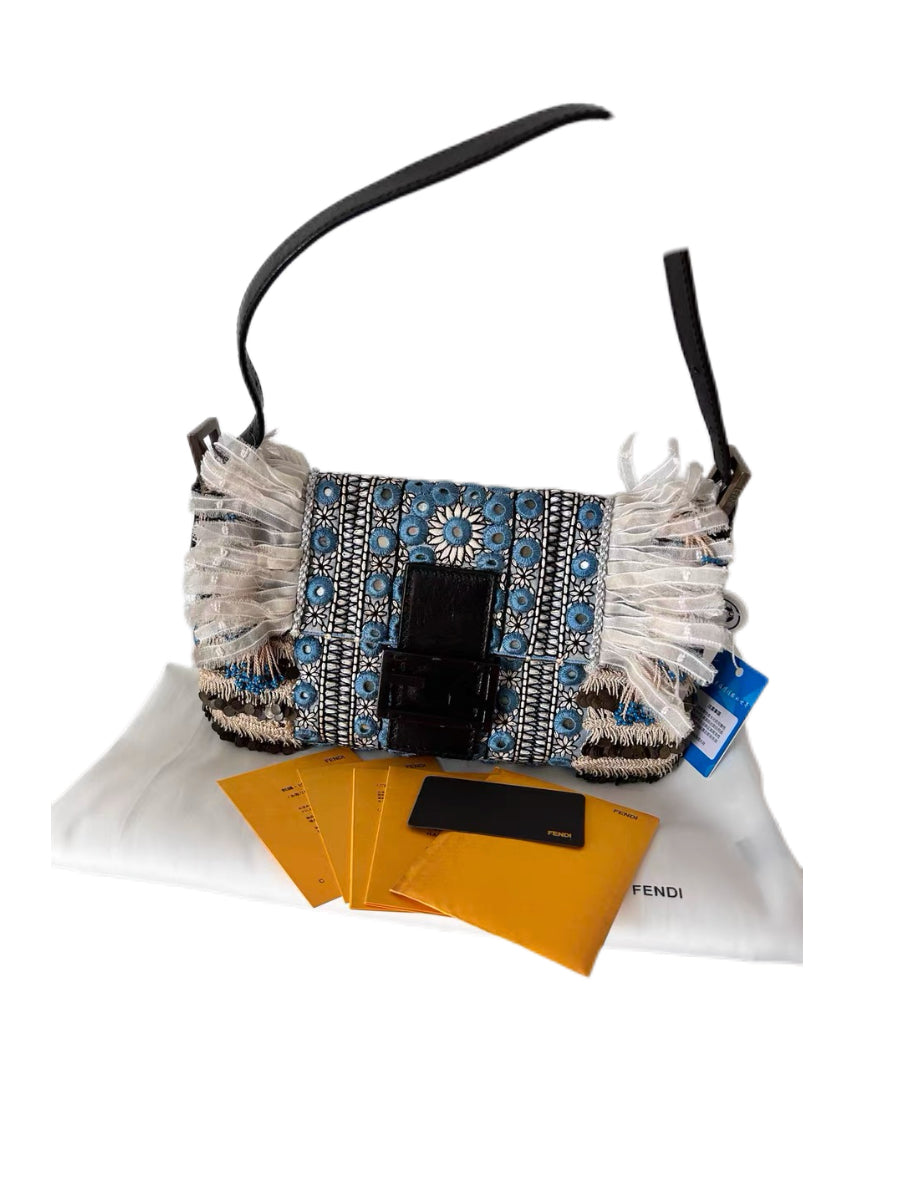Fendi Vintage Baguette Bag – Bohemian Embroidery Lace Fringe Beaded Rare Archive Piece Made in Italy Collector Item