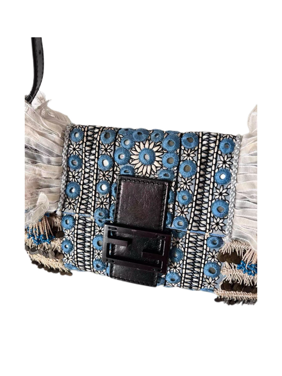 Fendi Vintage Baguette Bag – Bohemian Embroidery Lace Fringe Beaded Rare Archive Piece Made in Italy Collector Item