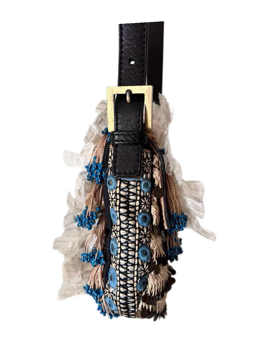 Fendi Vintage Baguette Bag – Bohemian Embroidery Lace Fringe Beaded Rare Archive Piece Made in Italy Collector Item