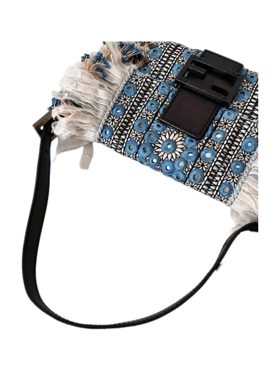 Fendi Vintage Baguette Bag – Bohemian Embroidery Lace Fringe Beaded Rare Archive Piece Made in Italy Collector Item