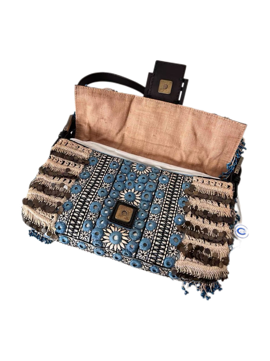 Fendi Vintage Baguette Bag – Bohemian Embroidery Lace Fringe Beaded Rare Archive Piece Made in Italy Collector Item