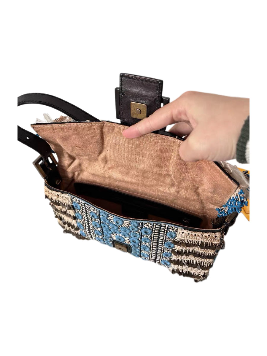 Fendi Vintage Baguette Bag – Bohemian Embroidery Lace Fringe Beaded Rare Archive Piece Made in Italy Collector Item