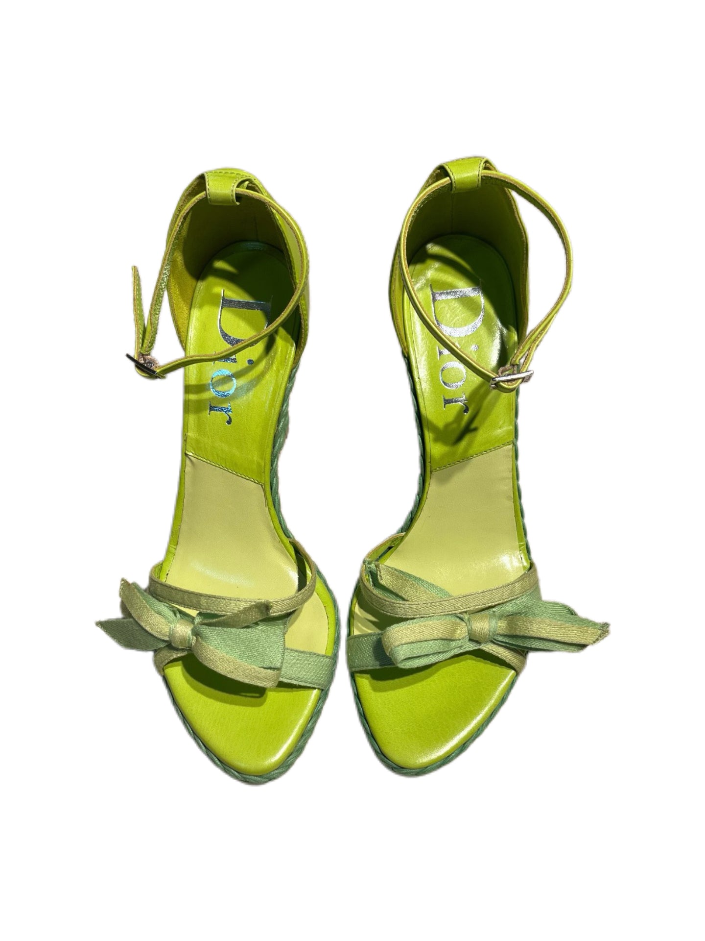 Christian Dior by John Galliano SS2007 Runway Sandals – Madame Butterfly Lime Green Silk Bow Wedge Heels Rare Museum Archive Piece Italy