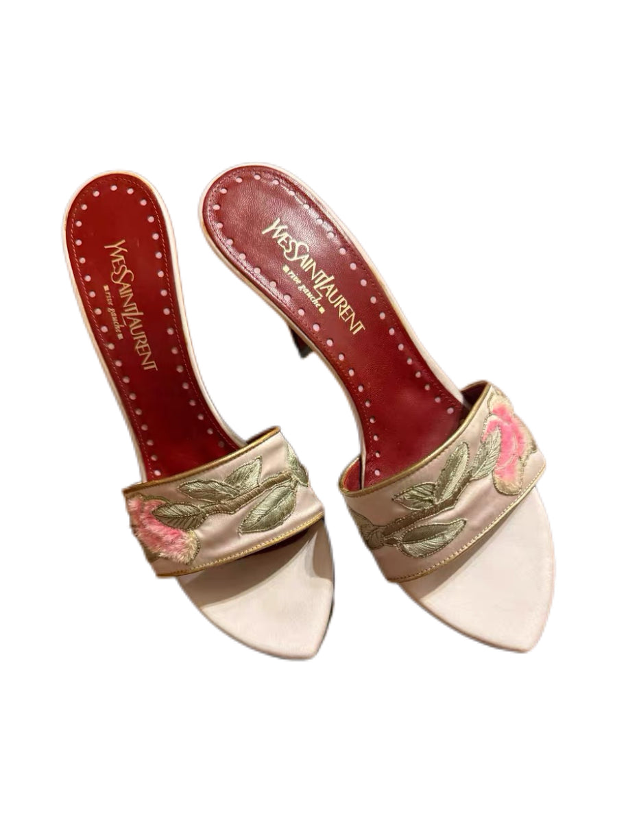 Yves Saint Laurent 2004 Runway Rose Embroidered Vintage Mule Heels