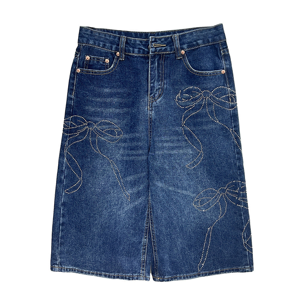 Rhinestone Bowknot Denim Shorts for Women Summer Shiny Wide-Leg Capri Pants
