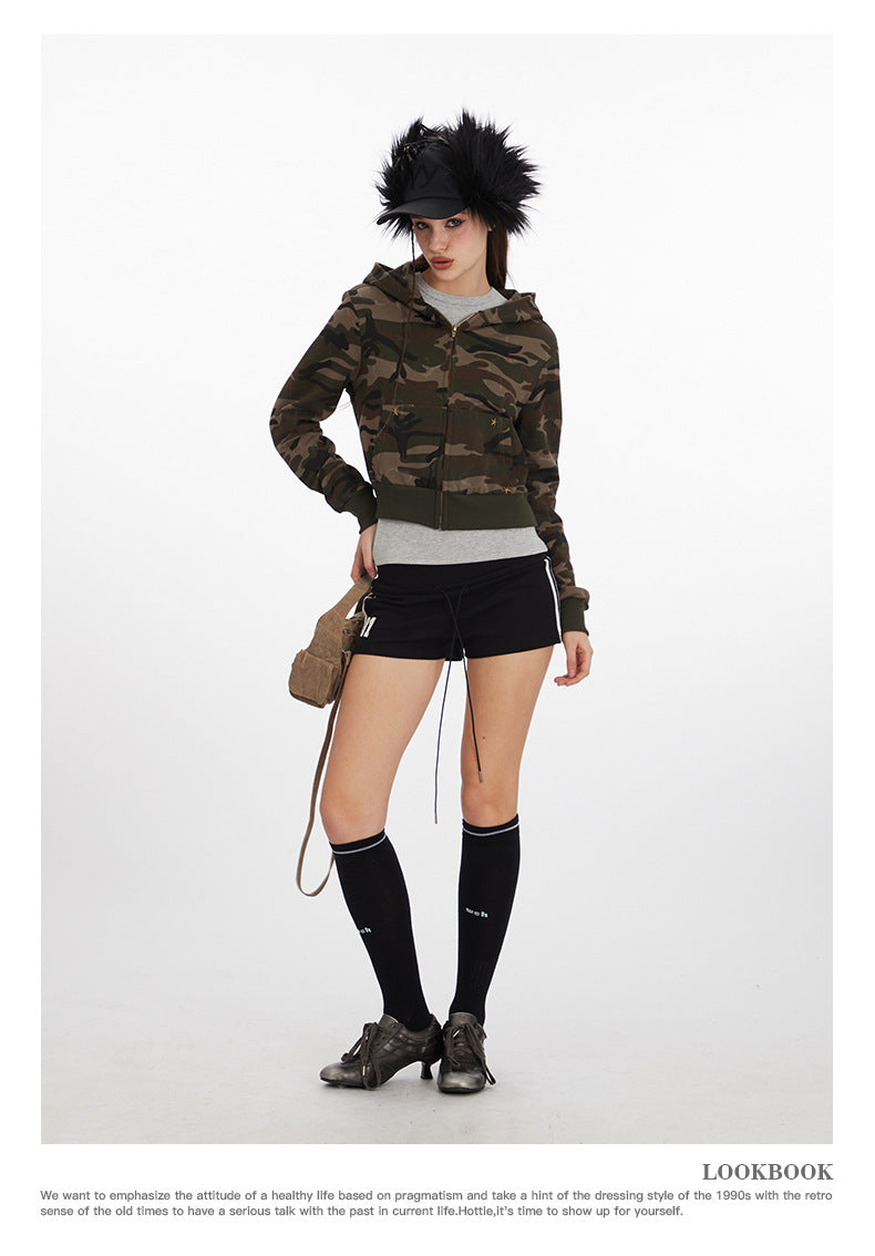Camouflage short hot girl hooded sweatshirt for women2025Spring and Autumn Zipper Retro Cardigan Jacket