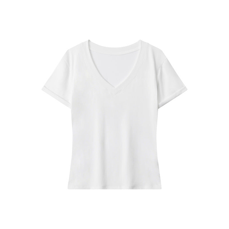 Simple Hot Girl Slimming Solid Color Top Slim Fit V Versatile Basic Short Sleeve Shirt T Women's T-shirt