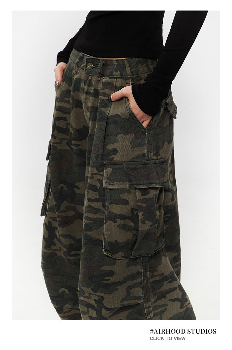 Retro Loose Camouflage Capri Pants American Style Casual Jeans for Men and Women High Street