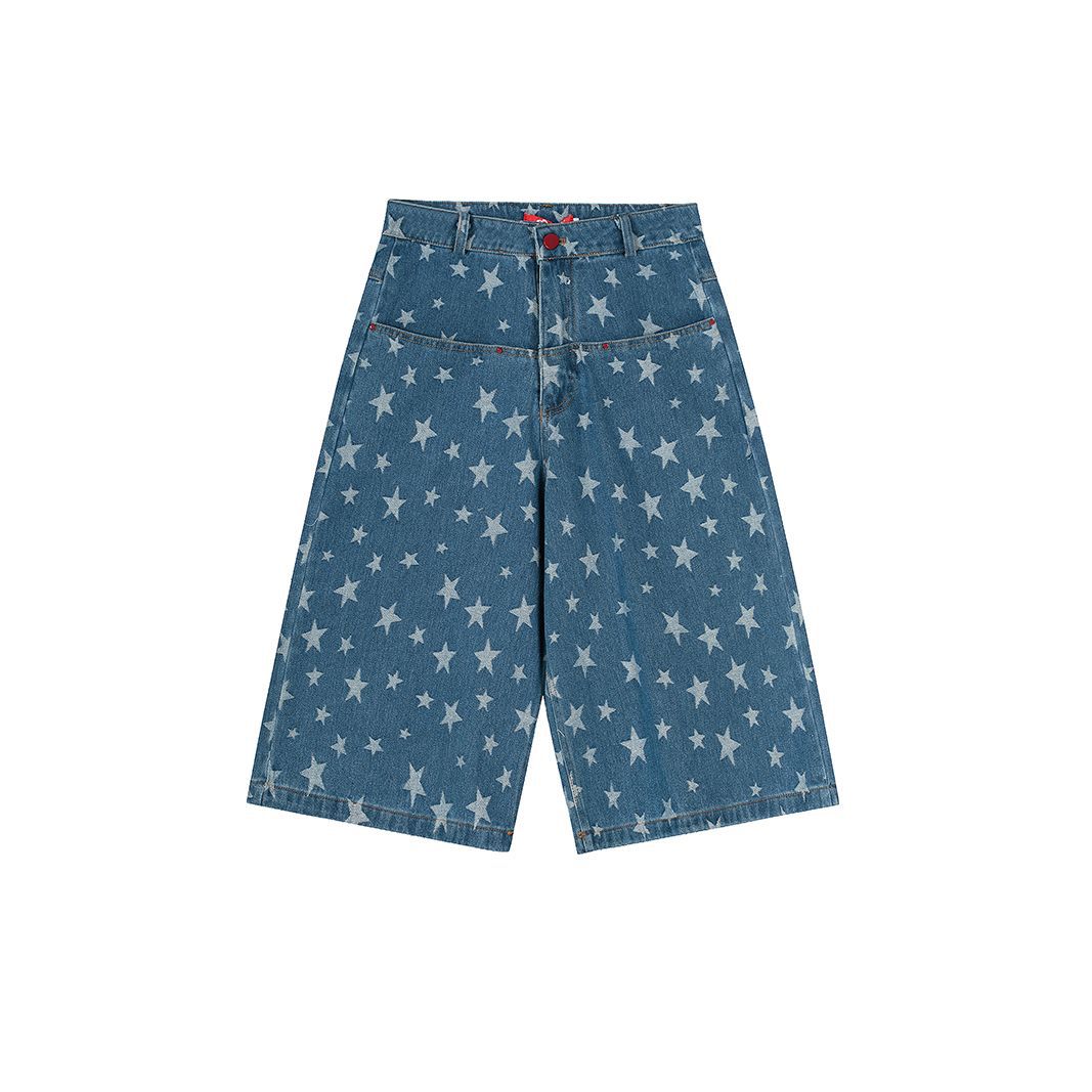 Blue and Bllack Y2K Stars Denim Shorts Straight Jeans