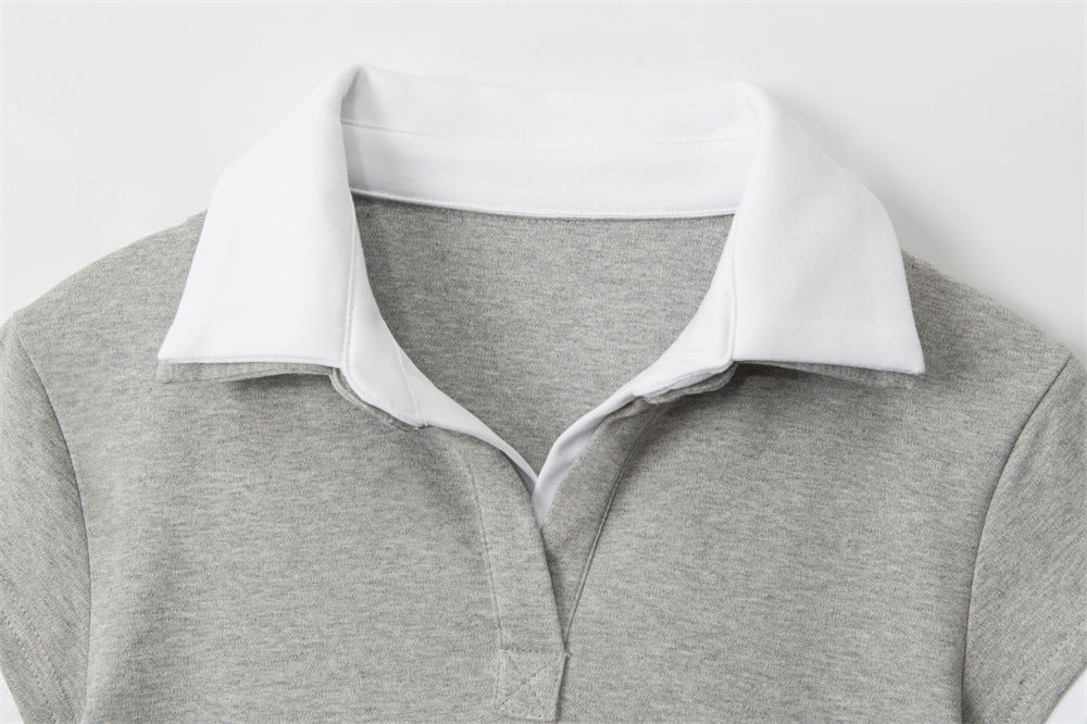 Slim Fit Short Polo Shirt Short Sleeve T Women's Summer Turn-Down Collar Fake Two-Piece Regular Shoulder Top