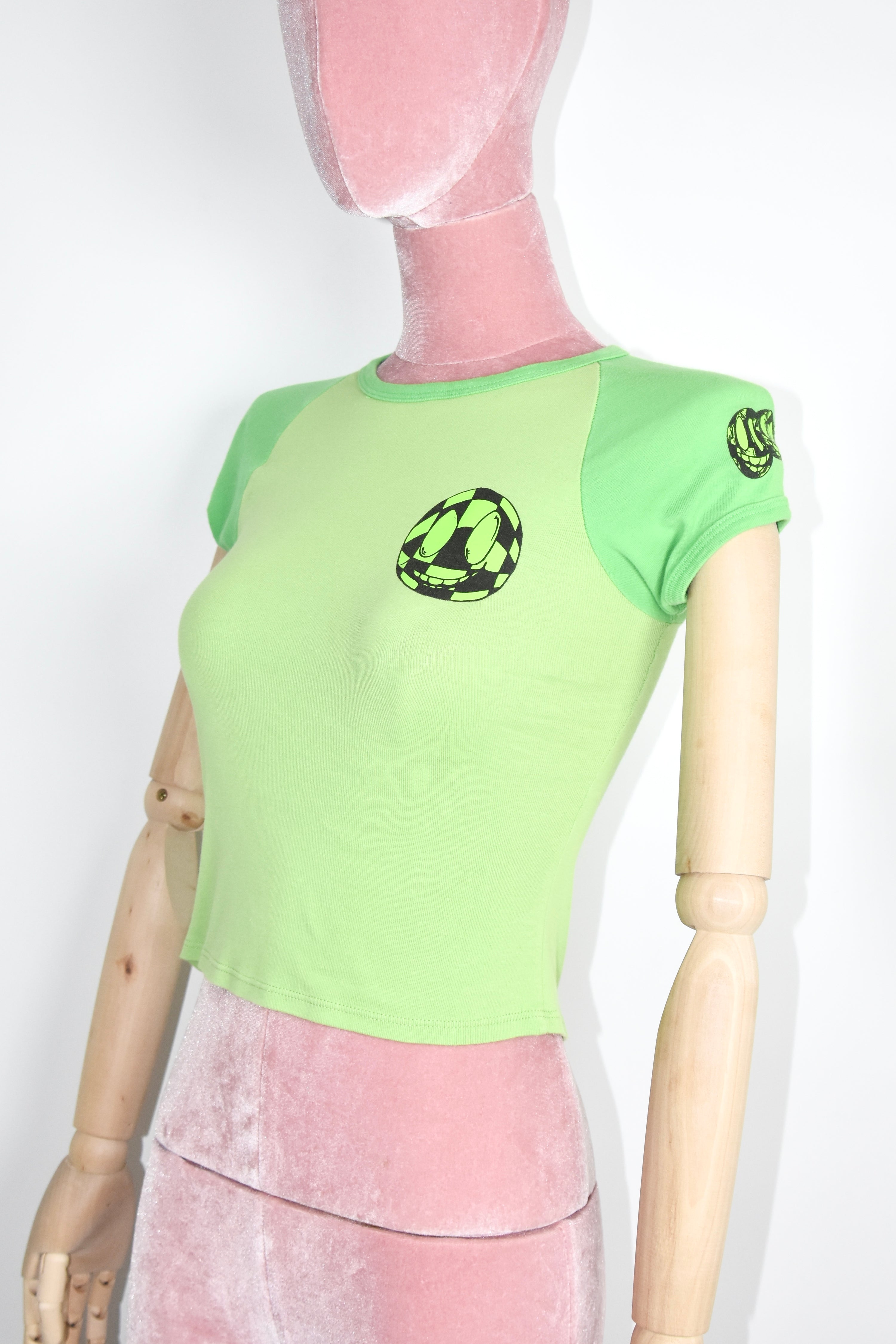 Chrome Hearts Neon Green Graphic Baby Tee – Y2K Smiley Face Print Cotton T-Shirt
