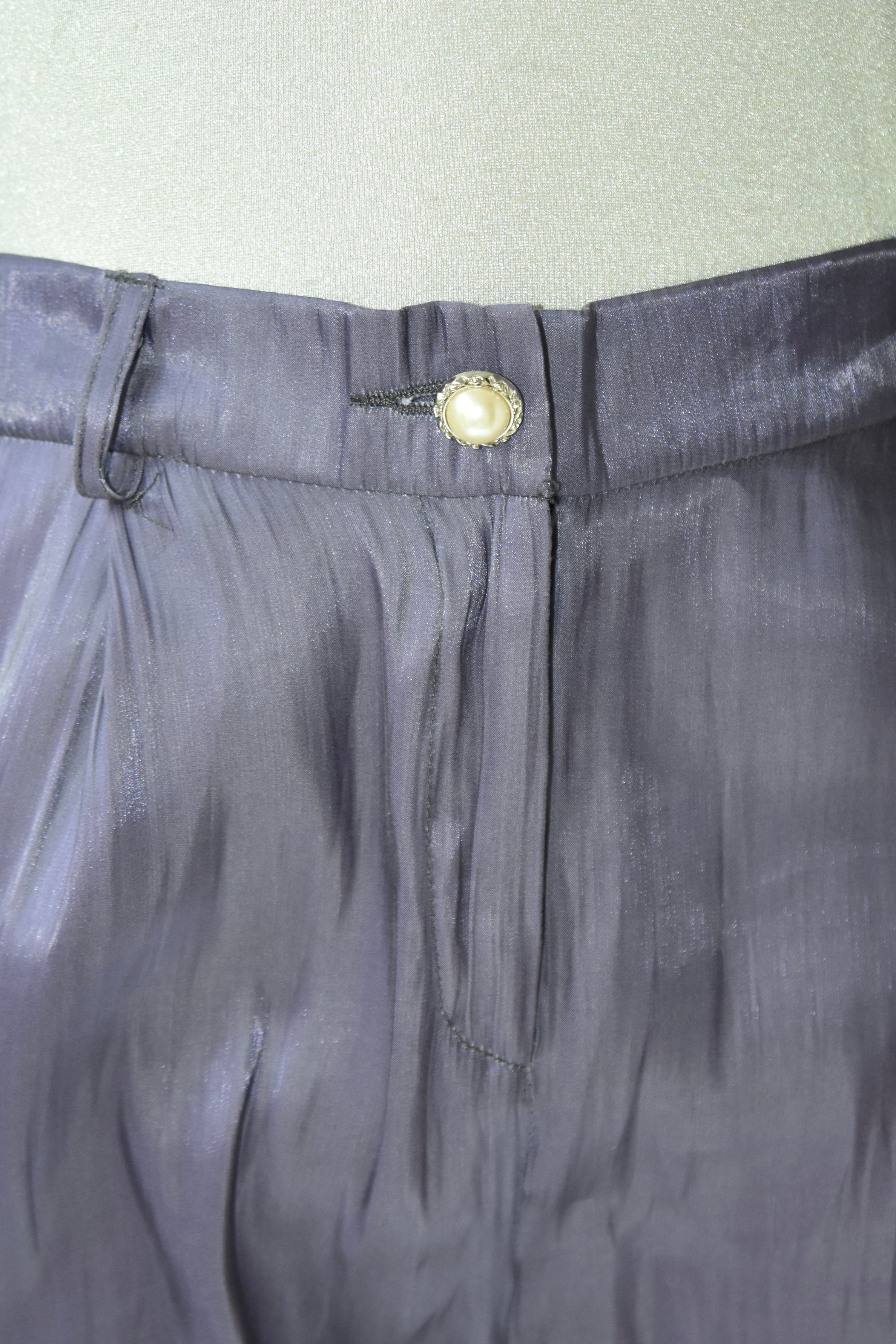1200AM Purple Silk Lightning Print Flared Wide-Leg Trousers – Elastic Waist Statement Piece