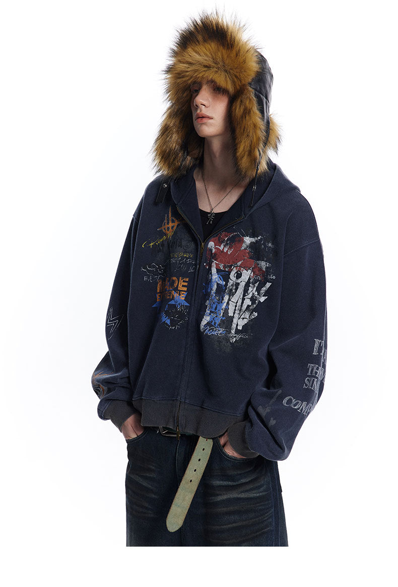 Street hip-hop graffiti sweatshirt for men and women, spring and autumn season oversize Trendy Hooded Cardigan Jacket