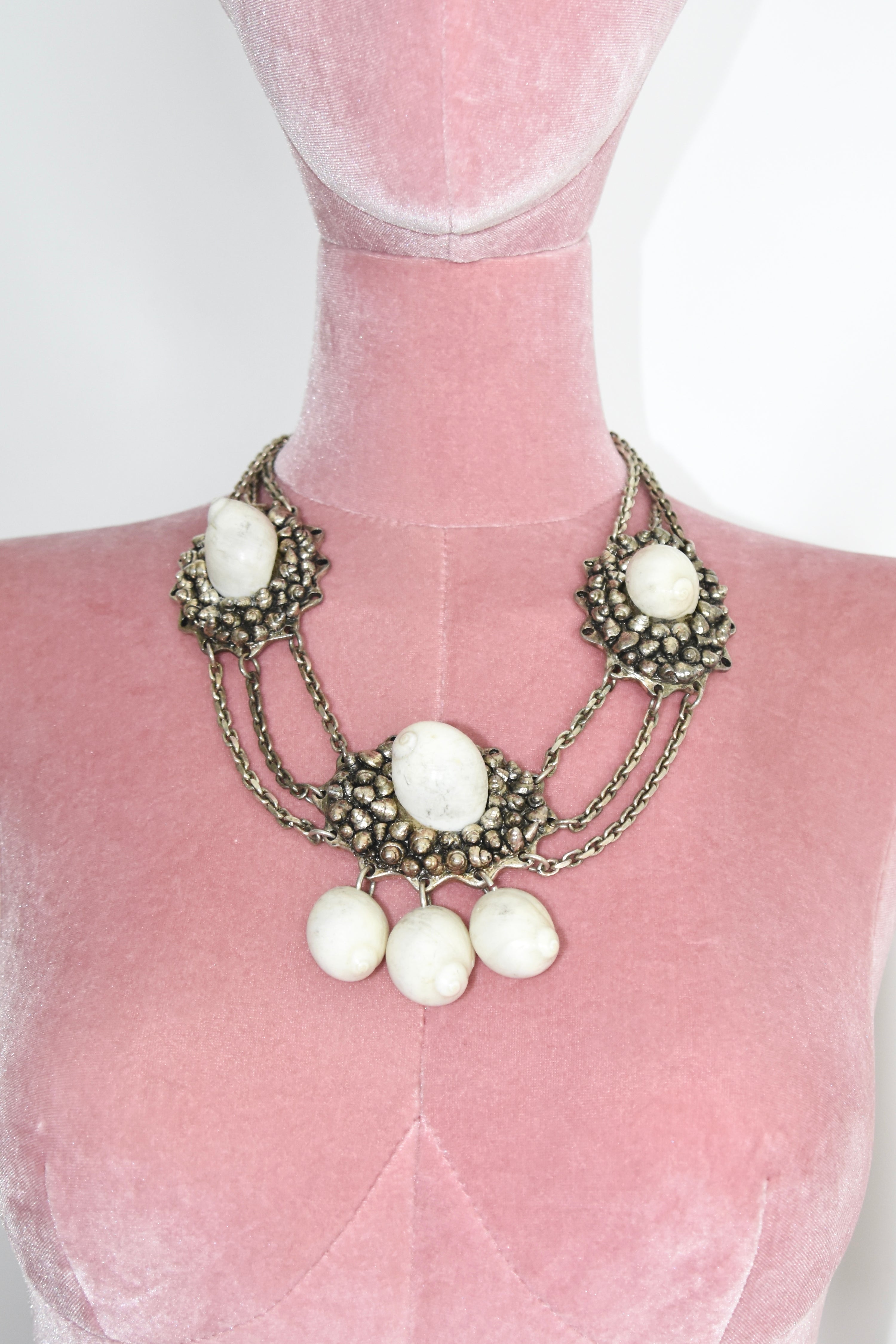 Chantal Thomass Vintage Triple Medallion Shell Necklace with Layered Chains & Dangle Drops (Rare Archive Jewelry)