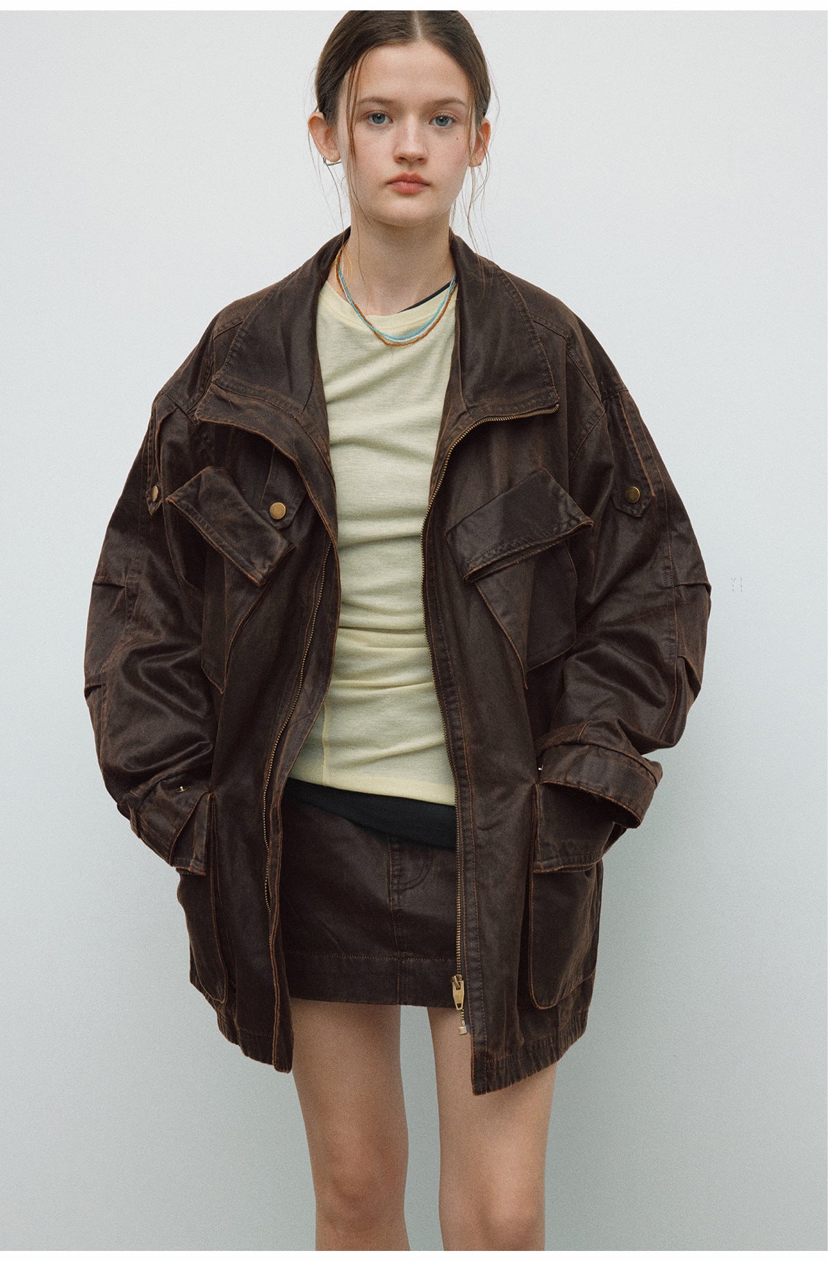 Spring New Casual Turn-Down Collar Vintage Distressed Multi-Pocket Versatile Long Jacket Coat