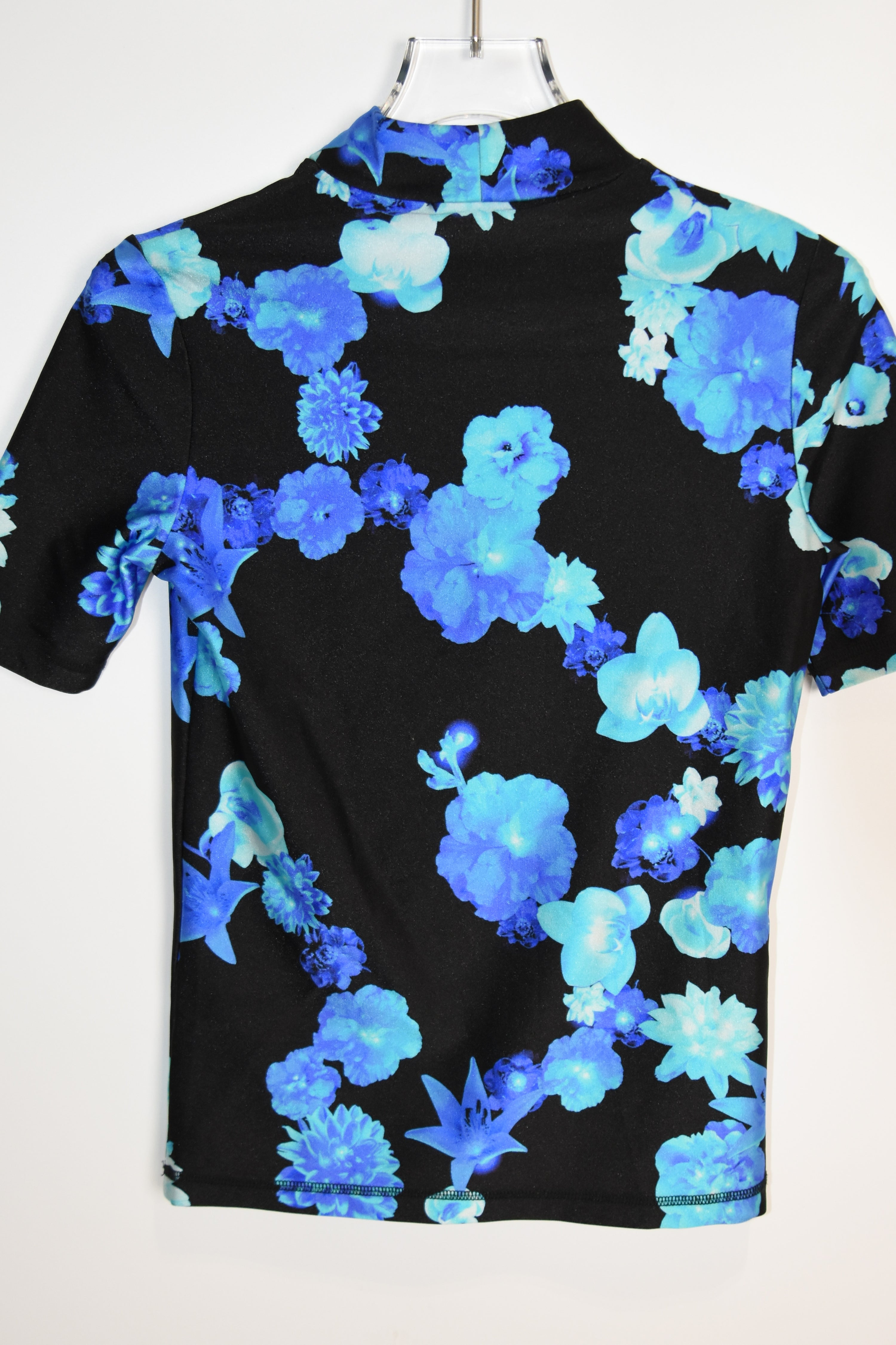 Coperni Blue Floral Stretch Glossy Top – Women’s Size S (Digital Print / Mock Neck / Technical Jersey)
