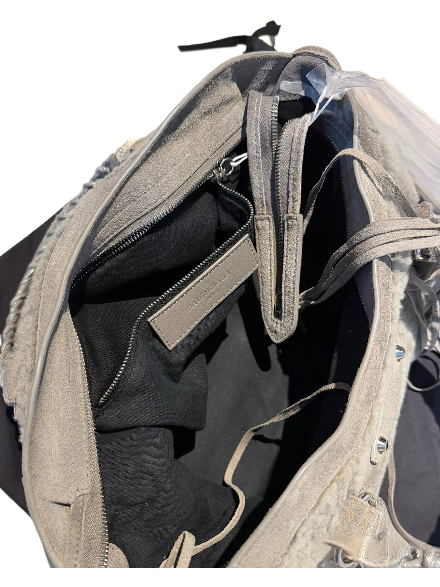 BALENCIAGA Rare Grey Shearling Suede City Bag — Medium
