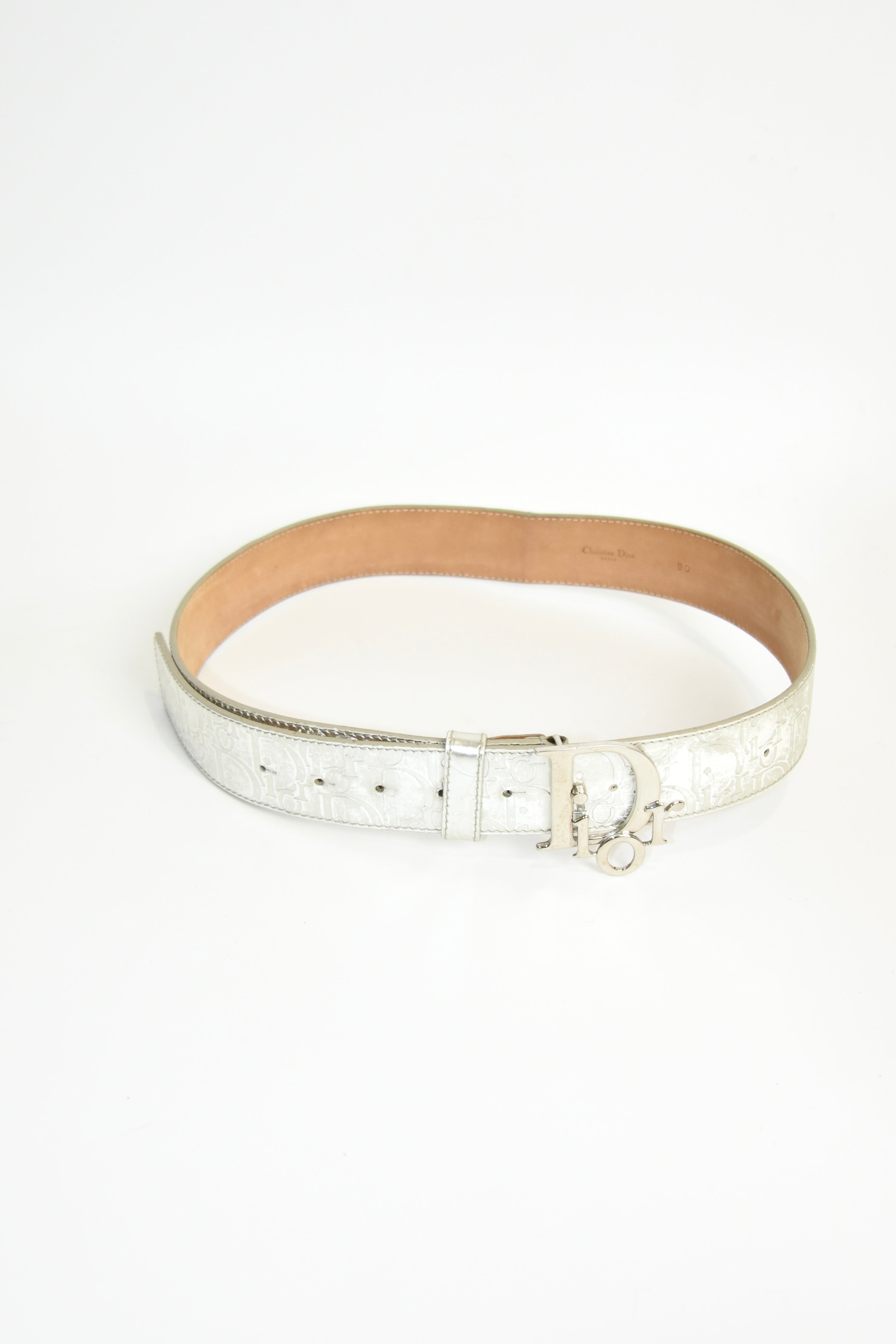 Christian Dior Silver Embossed Logo Buckle Belt