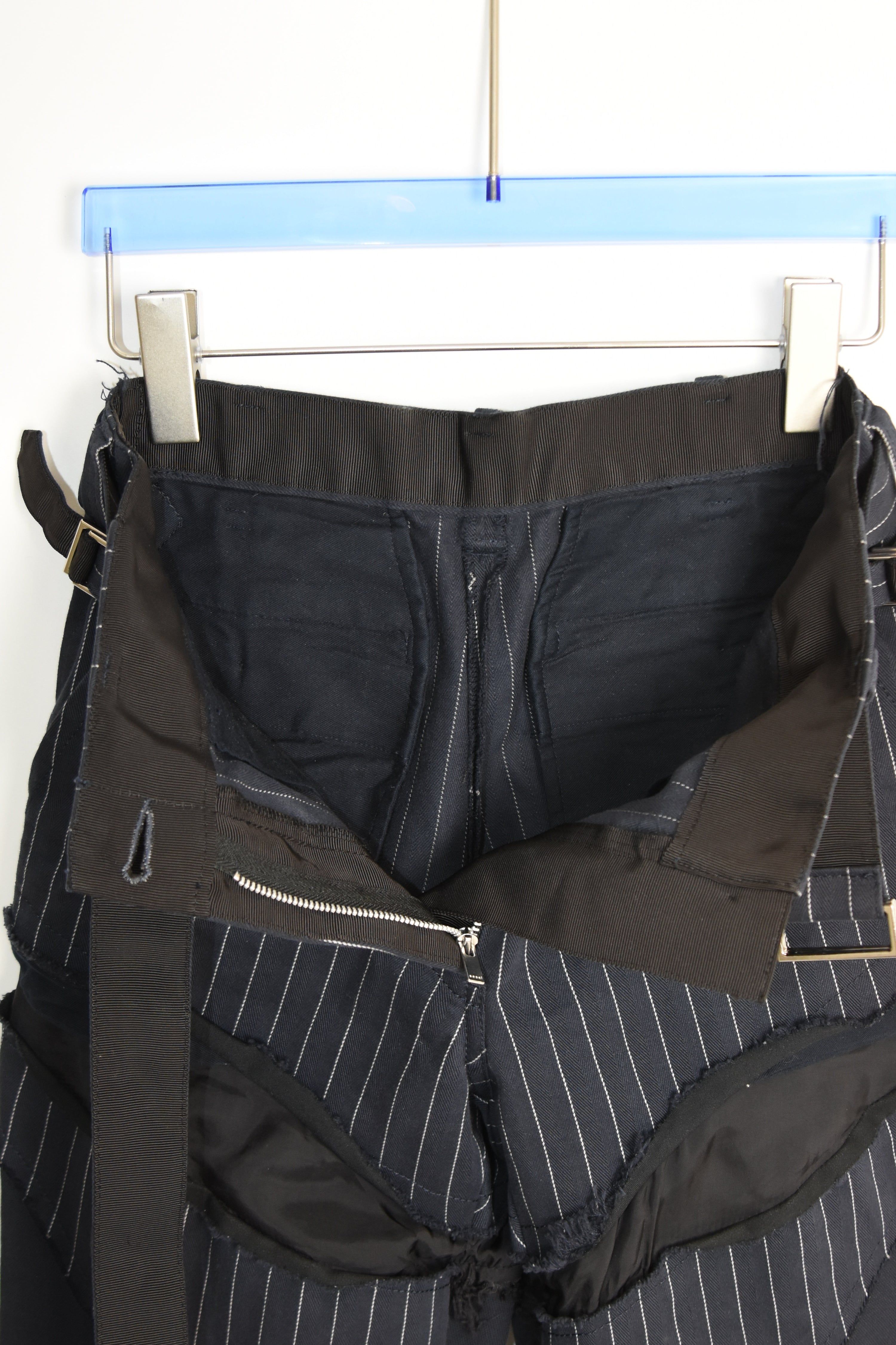 SACAI Hybrid Pinstripe Panel Deconstructed Pants – Model 18-03791 – Size 0 (Runway Construction / Japan Made)