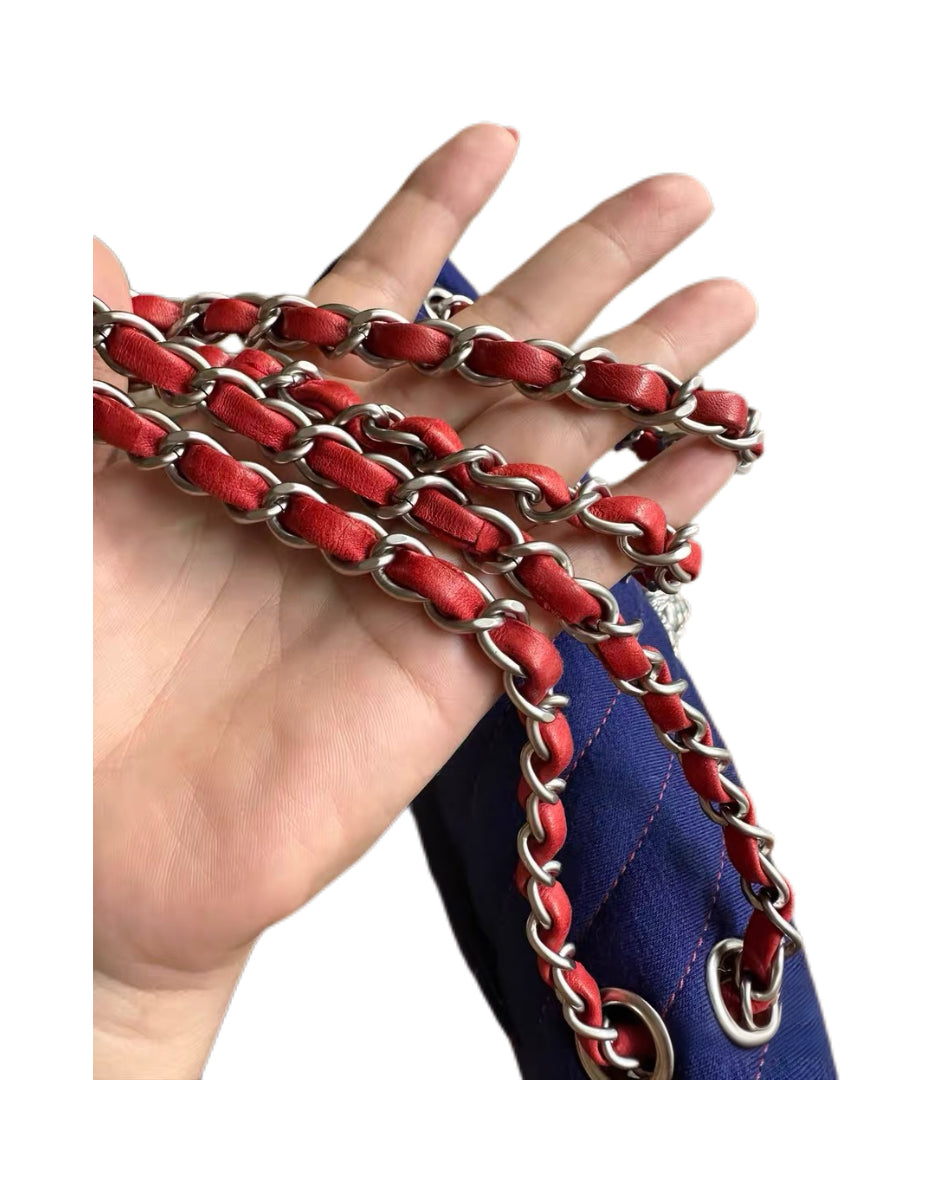 CHANEL Rare Lion Head Quilted Fabric Chain Shoulder Bag — Blue & Red