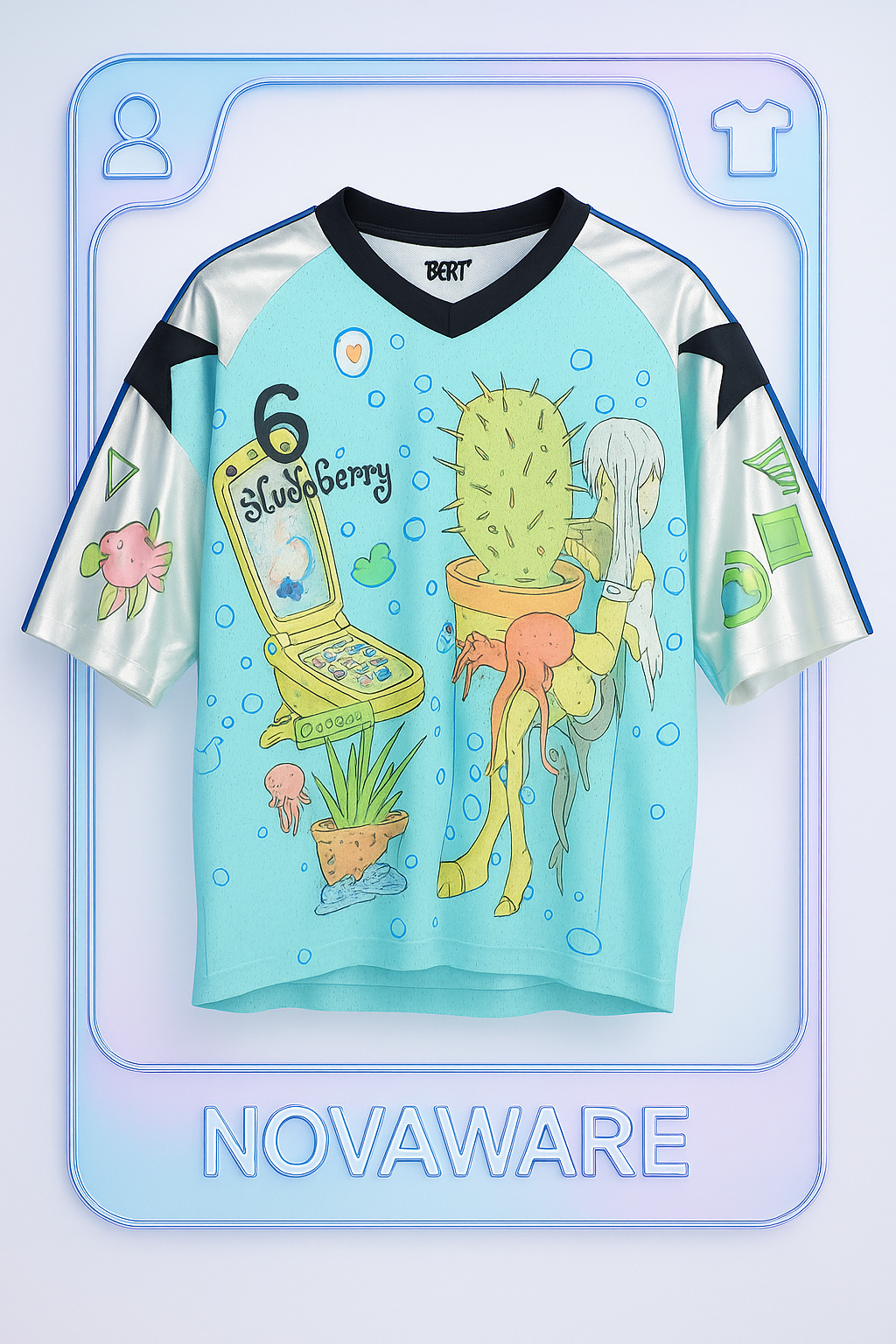 Black Berry “Octopus 6” Digital Fantasy Mesh Jersey Top – Y2K Futuristic Anime Print