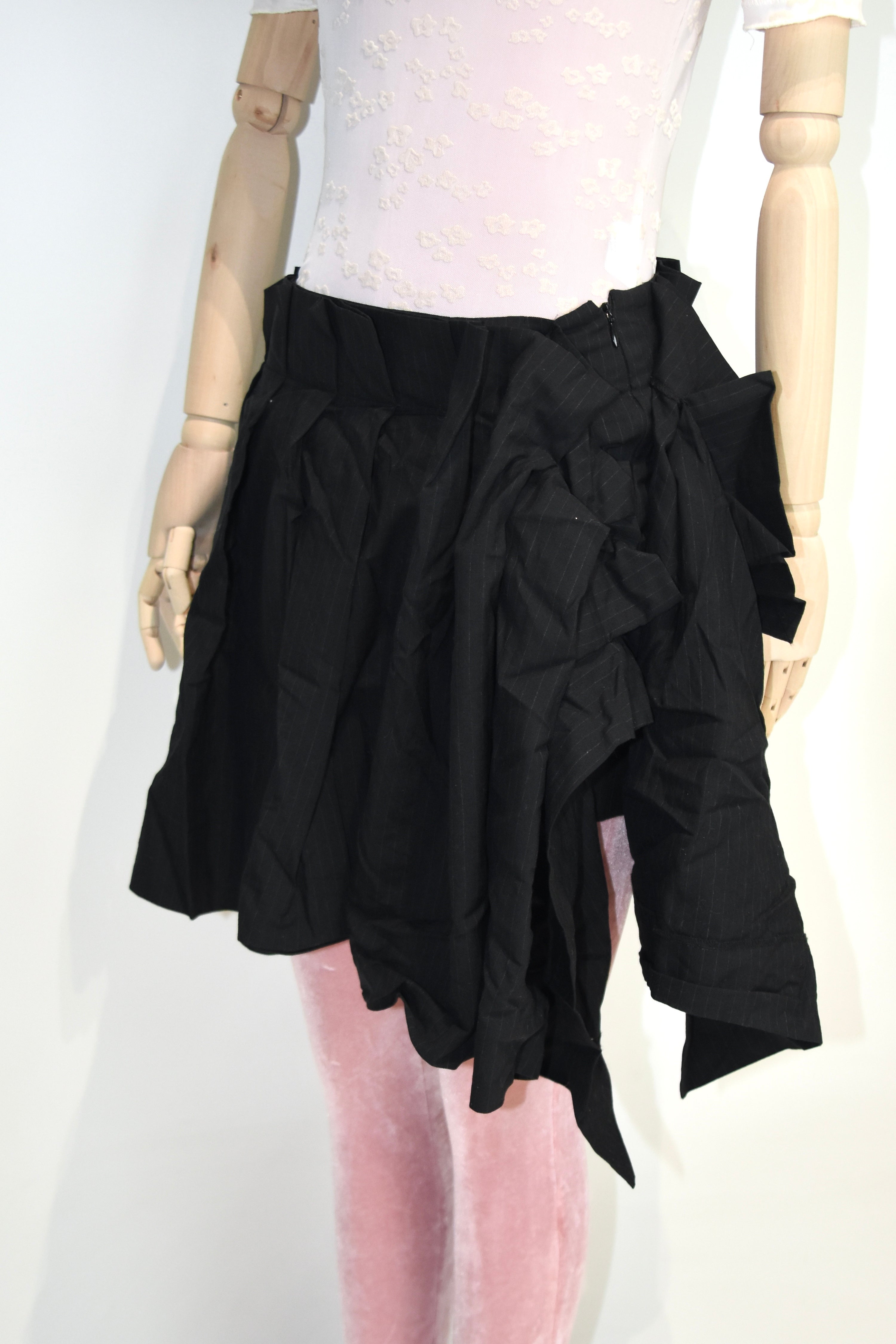 Vivienne Westwood Red Label Asymmetric Pleated Mini Skirt – Black Pinstripe Draped Archive Piece